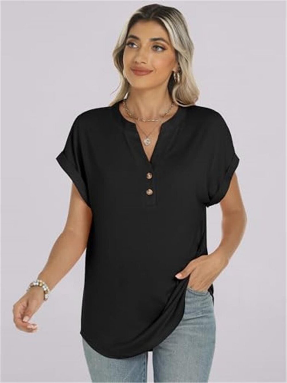Womens Henley Top Black Short Sleeve V Neck Casual Blouse Summer Tee Shirt - Picture 6 of 6